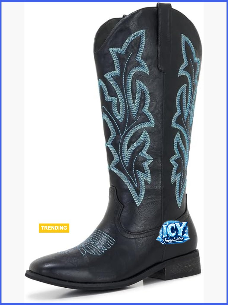 Plus Size Wide Calf Wide Width Cowboy Boots With Turquoise Embroidery Square